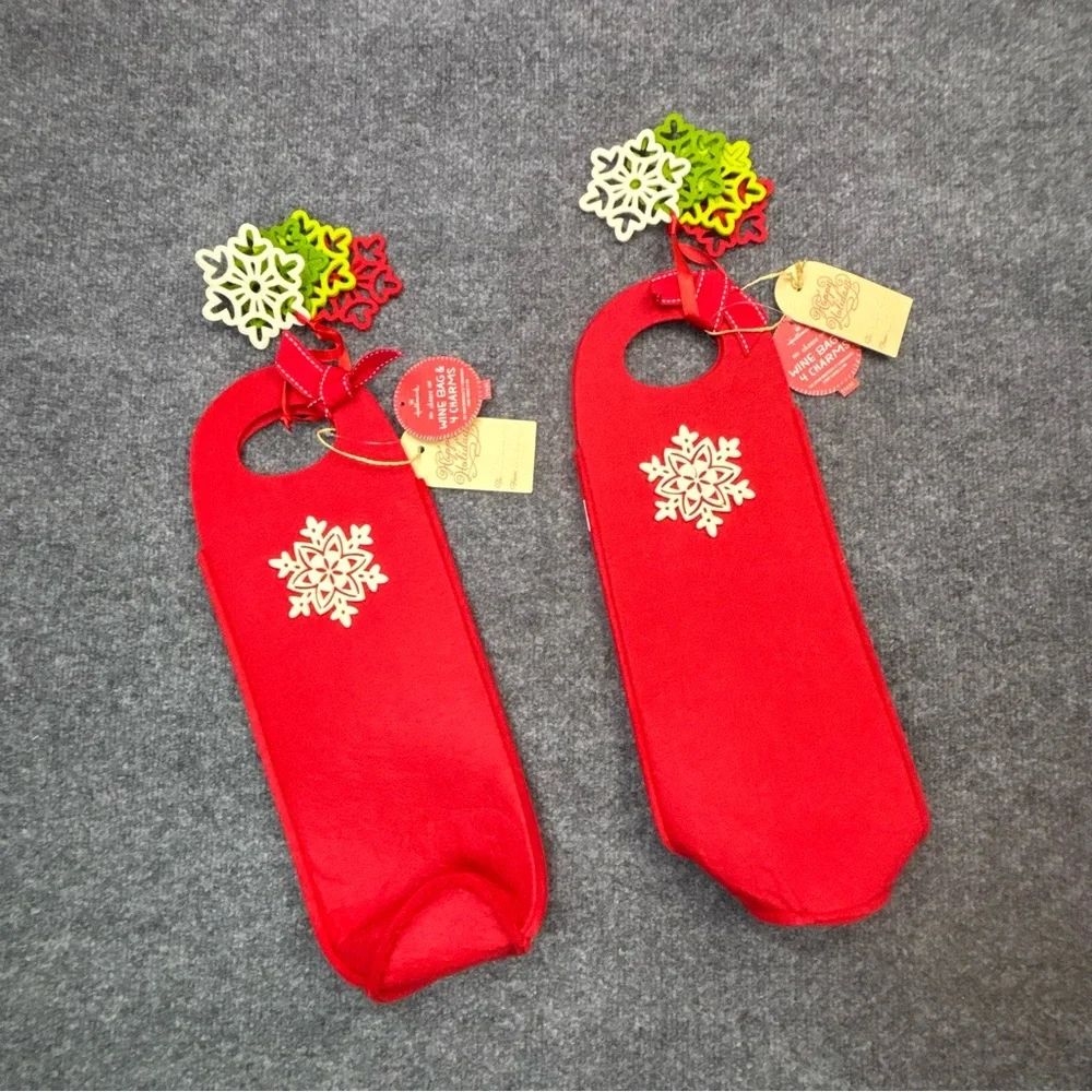 Hallmark Red Velvet Wine Bag Christmas New Years Winter with Charms New Lot of 2